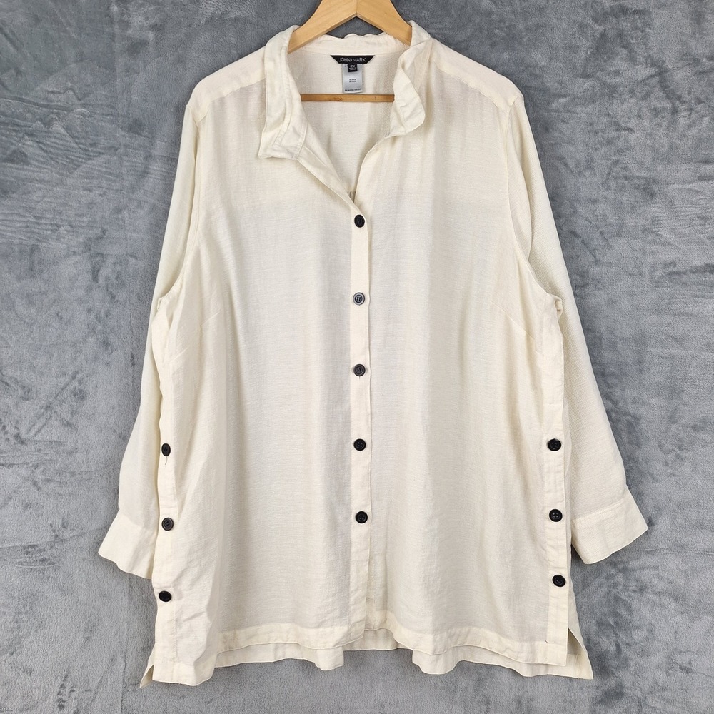 John Mark Top 2X Cream Button Lagenlook Boho Coastal Relaxed Oversized Tunic